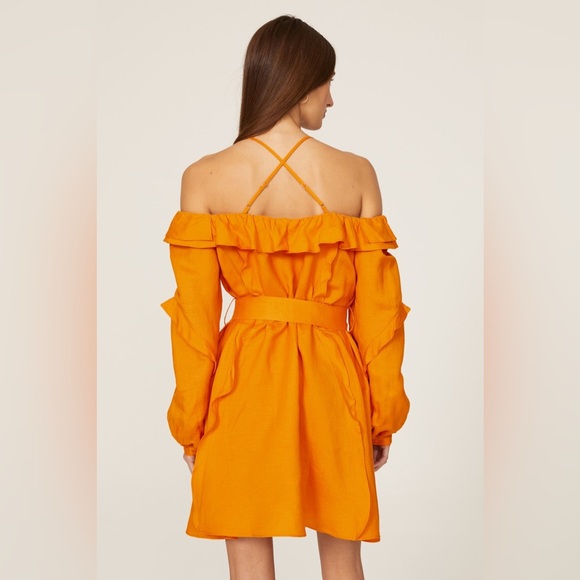 Marissa Webb Orange Cold Shoulder Ruffle Dress Linen Blend Sz 6 - Picture 3 of 6